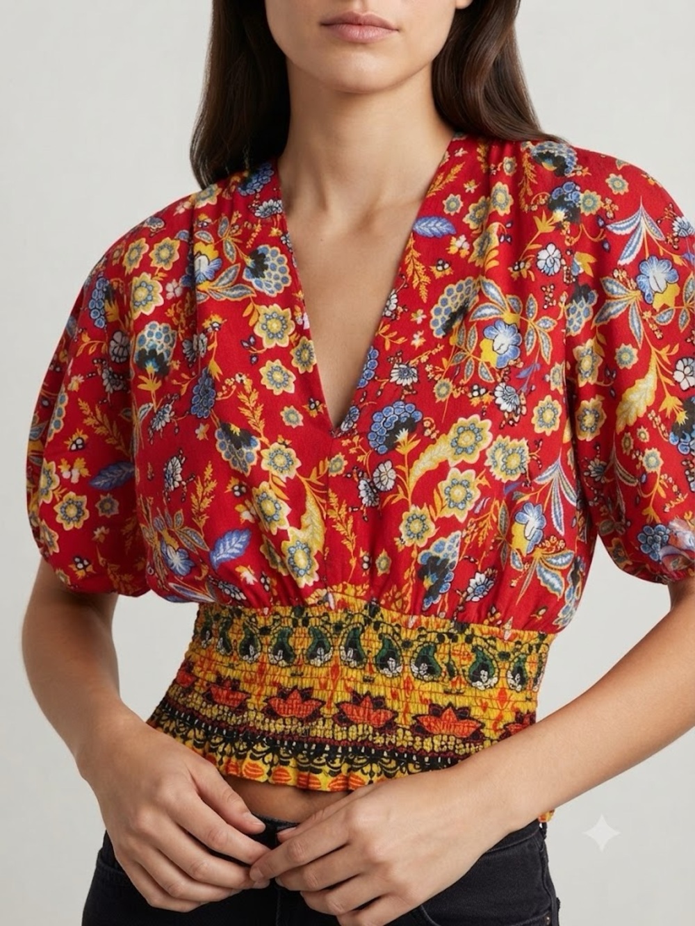 Red Floral V-Neck Smocked-Hem Blouse
